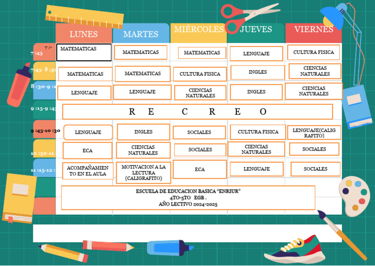Horario Escolar 2024-2025 para Imprimir | PDF