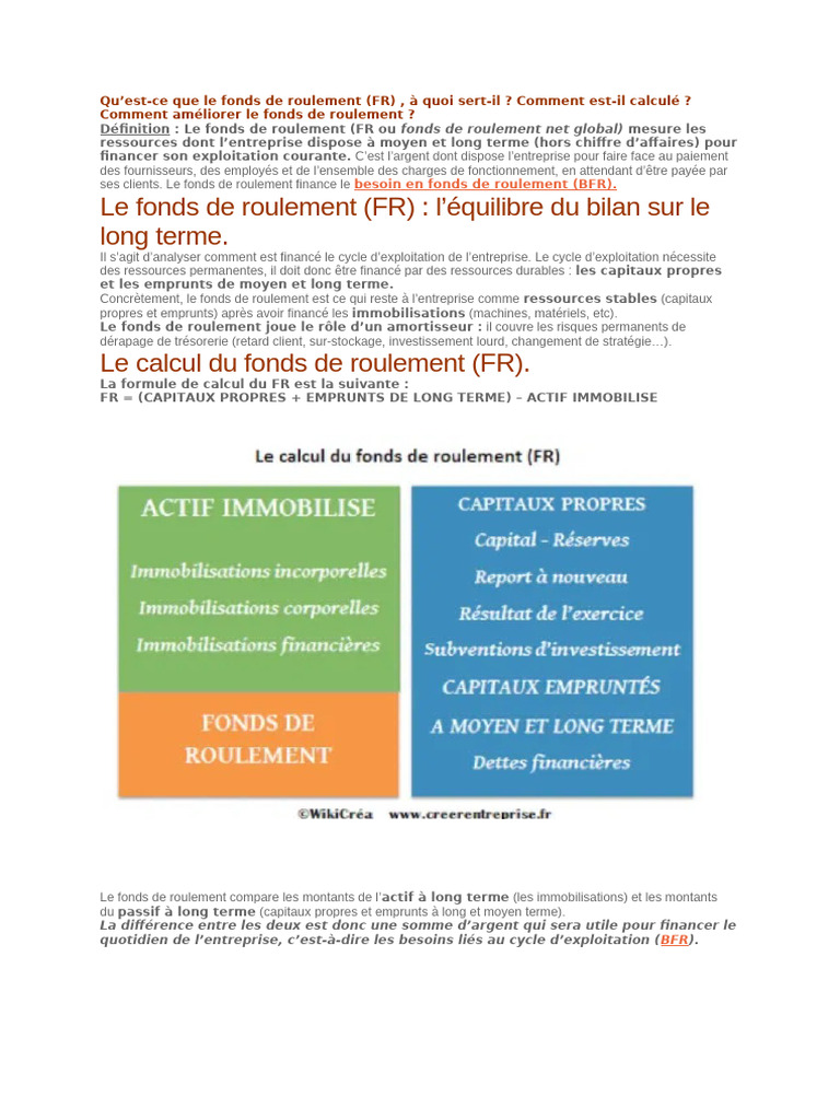 Définition et calcul du fonds de roulement | PDF | Fonds de roulement ...