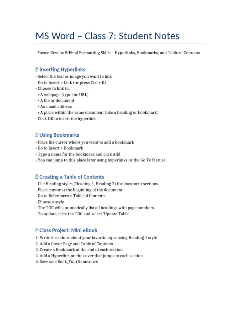 MS Word Class7 Student Notes | PDF