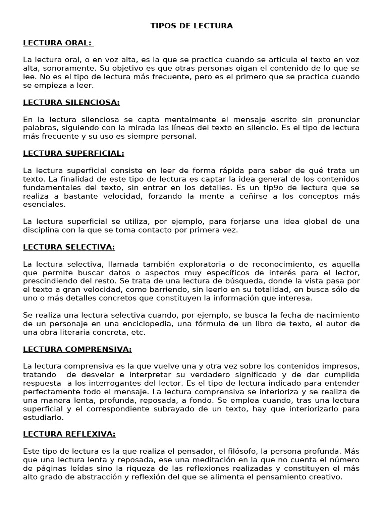 Tipos de Lectura y sus Características | PDF | Cognición | Comunicación ...