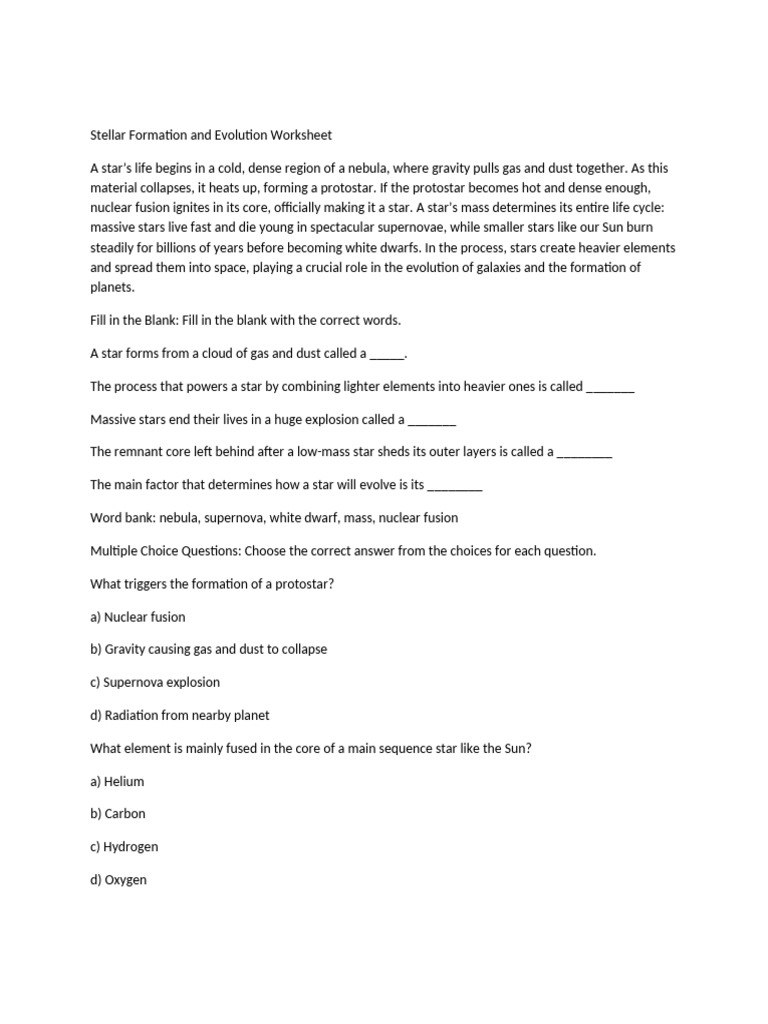 Stellar Formation and Evokution Worksheet | PDF