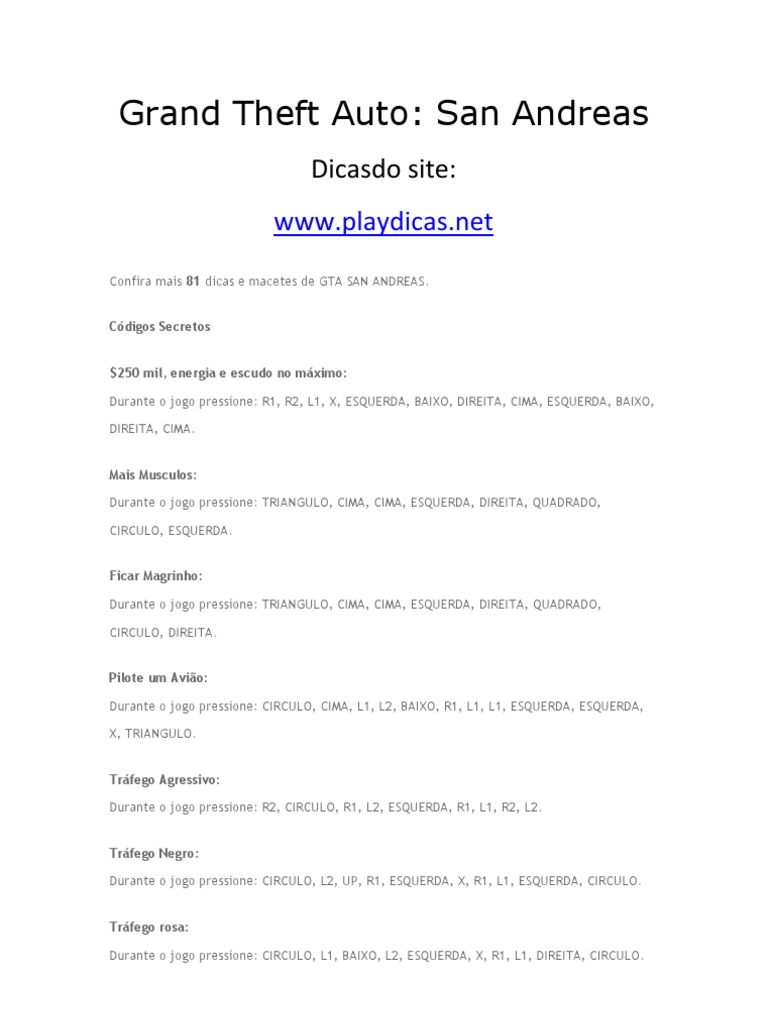 Códigos Do Grand Theft Auto San Andreas Para PS 2, PDF