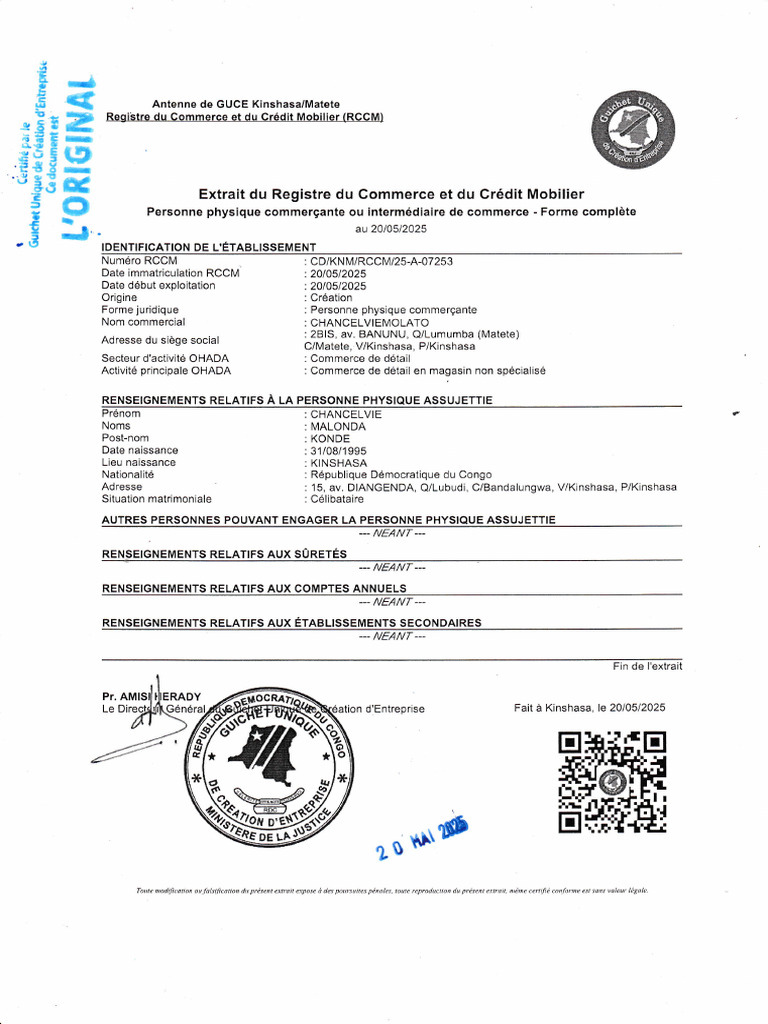 Extrait du RCCM à Kinshasa | PDF