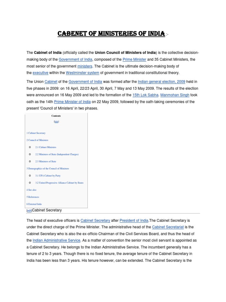 Cabenet of Ministeries of India | PDF | Government Of India | Indian ...
