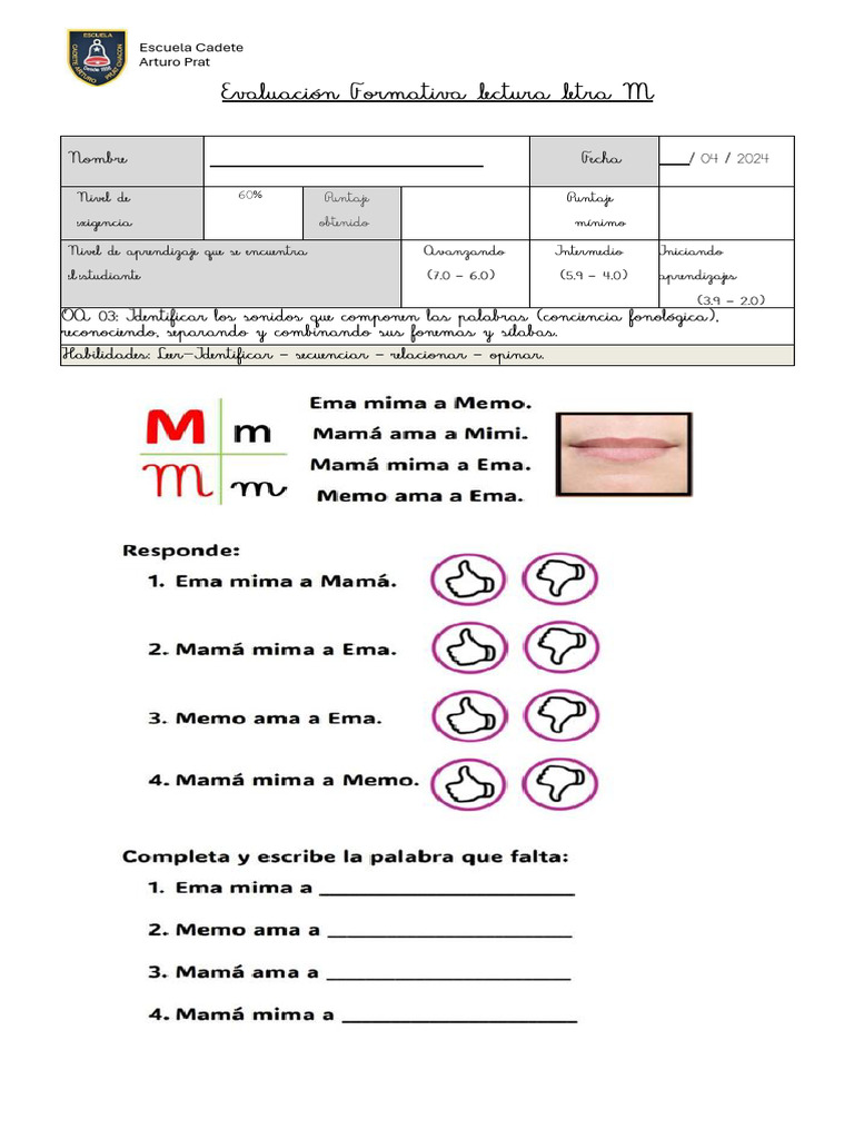 Evaluación Formativa Lectura Letra M | PDF