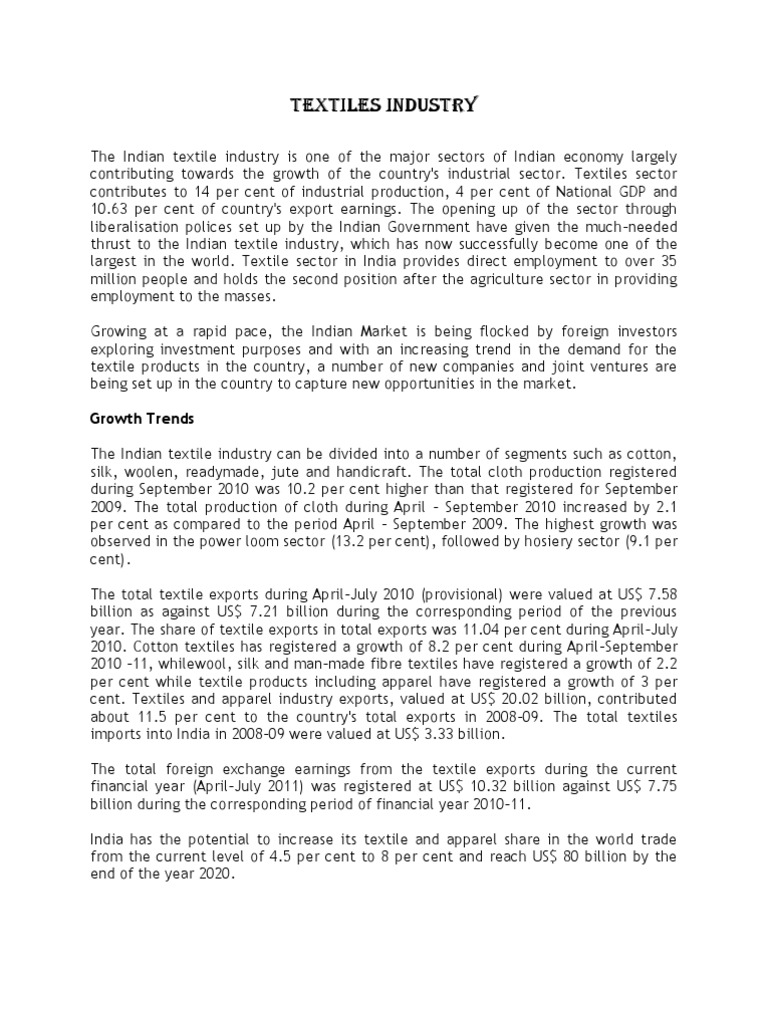 Indian Textile Industry Overview | PDF | Textile Industry | Economy Of ...