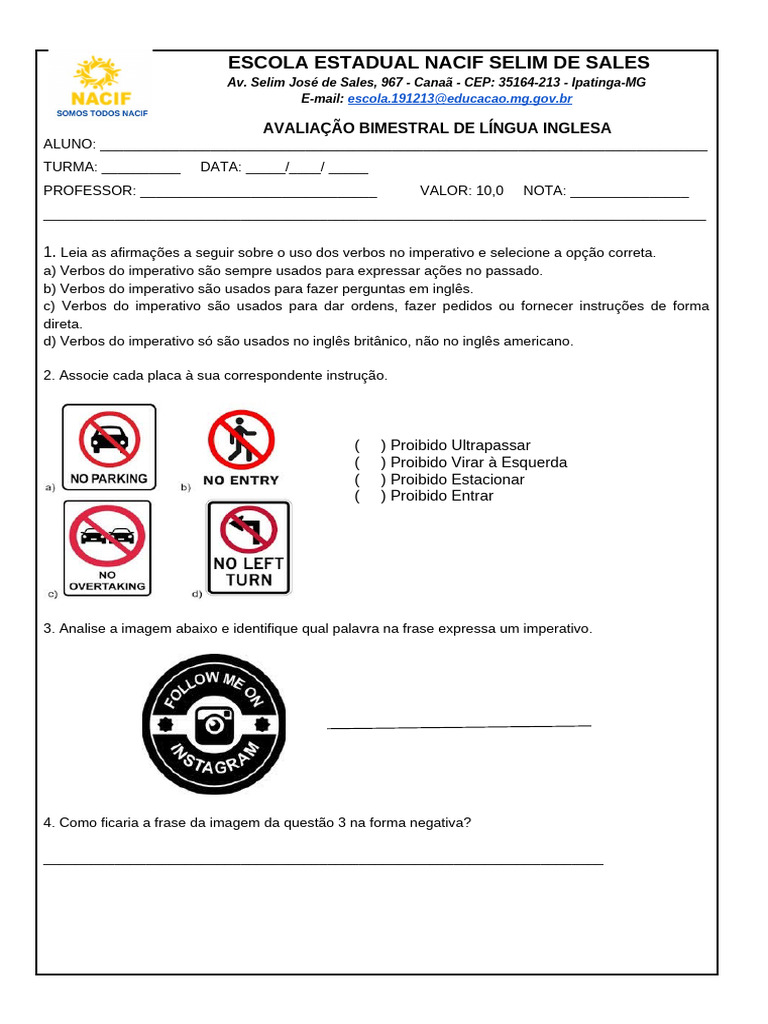 Avaliação de Inglês 1º Ano | PDF | Famílias linguísticas