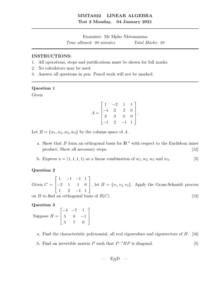 Linear Algebra Test 2 Exam Questions | PDF