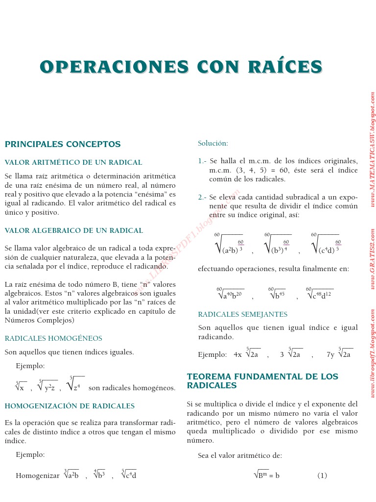 Operaciones Con Radicales Pdf Raíz Cuadrada Fracción Matemáticas