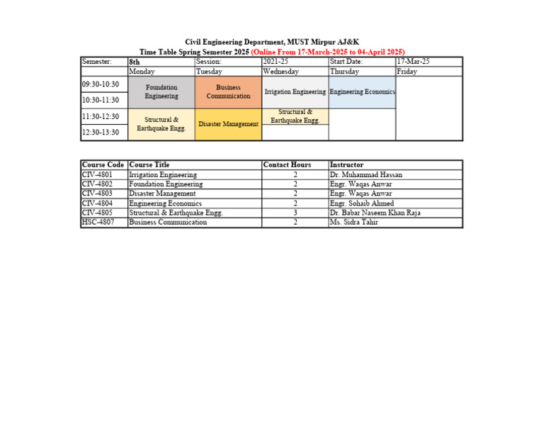 Spring 2025 Civil Engineering Timetable | PDF