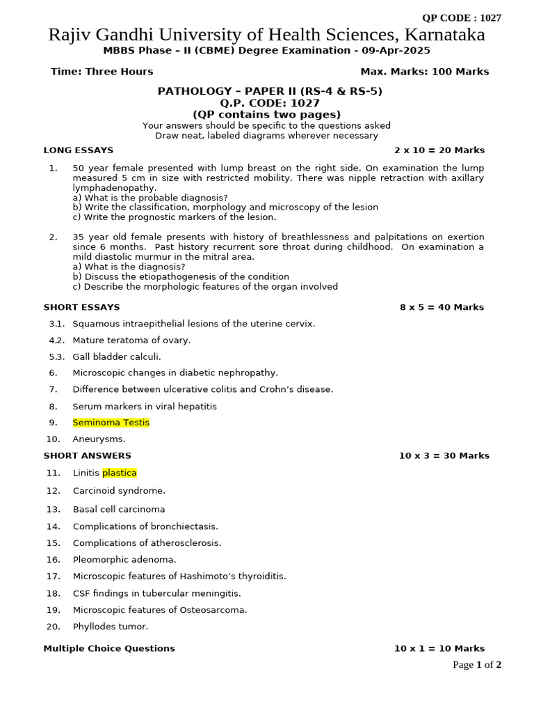 RGUGHS Pathology Paper II 2025 Exam | PDF | Carcinoma | Ovarian Cancer