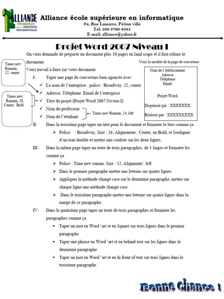 Projet Word 2007 à l'Alliance Informatique | PDF | Microsoft Word | Édition