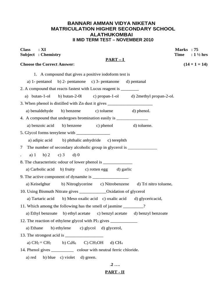 XI Chemistry Mid Term Test 2010 | PDF | Chlorine | Molecules