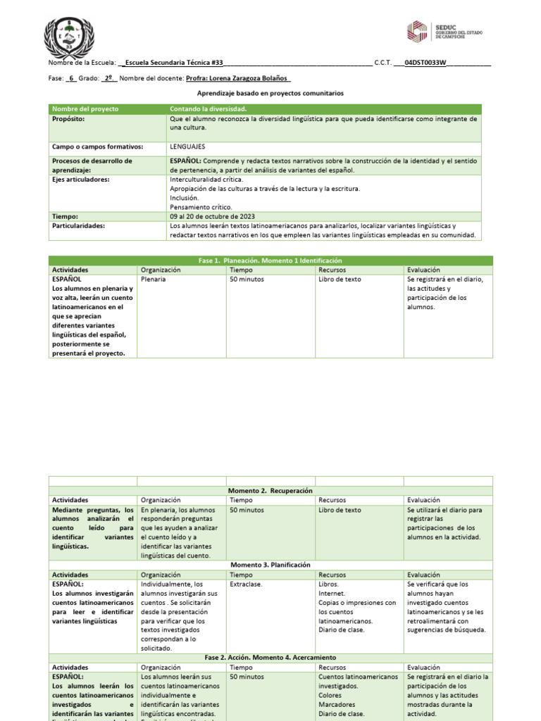 Aprendizaje Basado en Proyectos Comunitarios 2 Tercer Proyecto Español ...