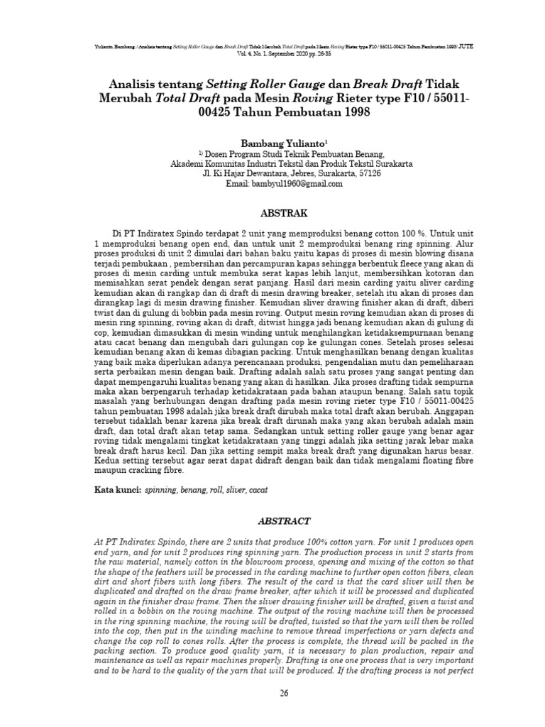 Pengaruh Setting Roller Gauge pada Draft Mesin Roving | PDF