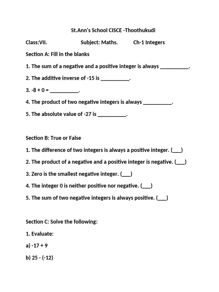 Class VII Maths: Integers Worksheet | PDF
