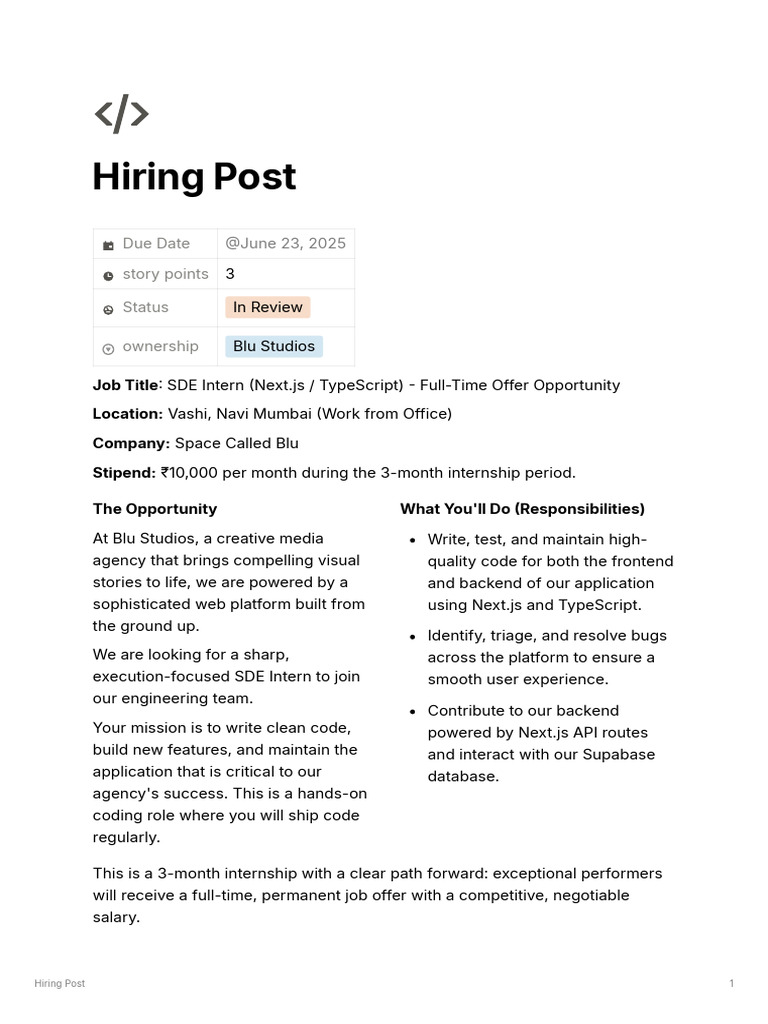 SDE Intern Opportunity at Blu Studios | PDF | Databases | Software