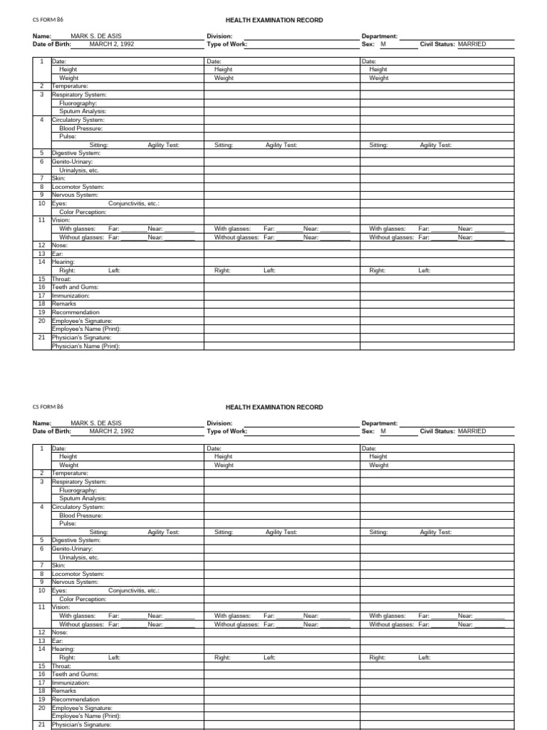 CS Form 86: Health Examination Record | PDF | Glasses | Medical Specialties