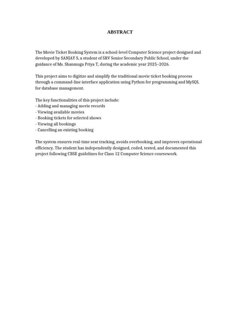 Movie Ticket Booking System Project | PDF