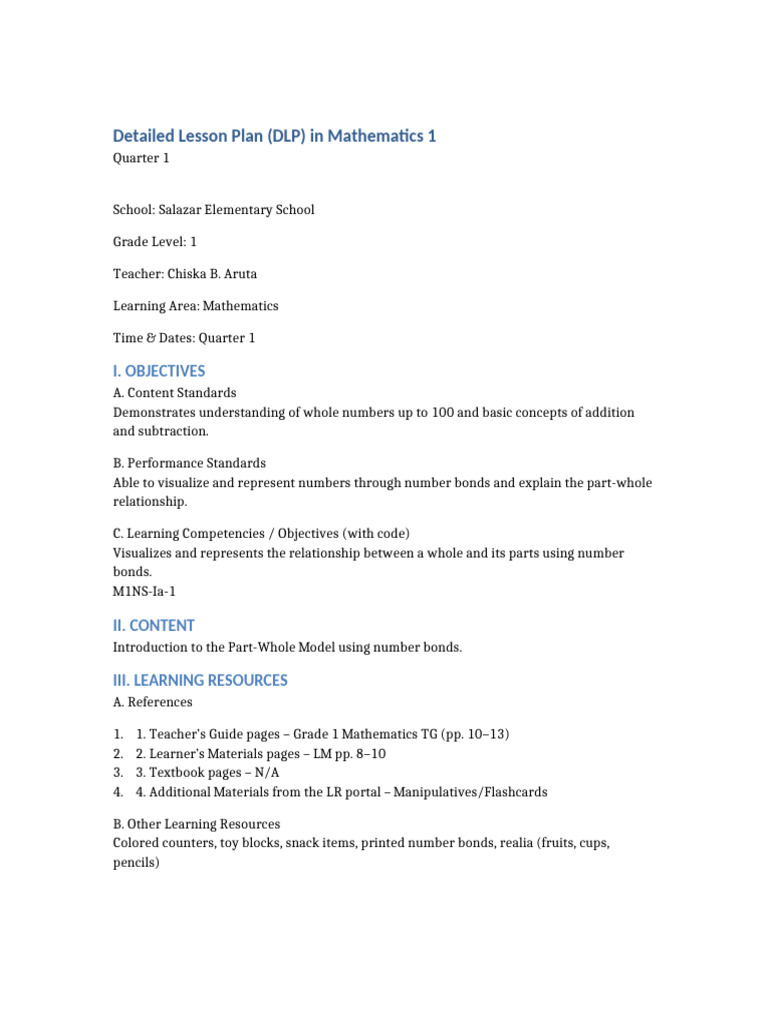 Grade 1 Math Lesson Plan: Part-Whole Model | PDF | Teachers | Learning