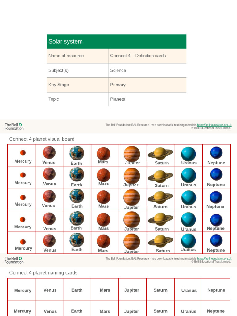 EAL Connect 4 Planet Teaching Cards | PDF | Planets In Astrology | Planets