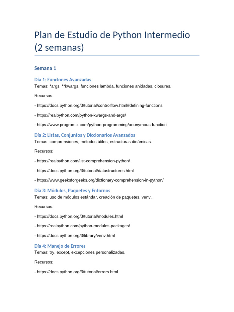 Plan de Estudio Python Intermedio 2 Semanas | PDF | Python (lenguaje de ...