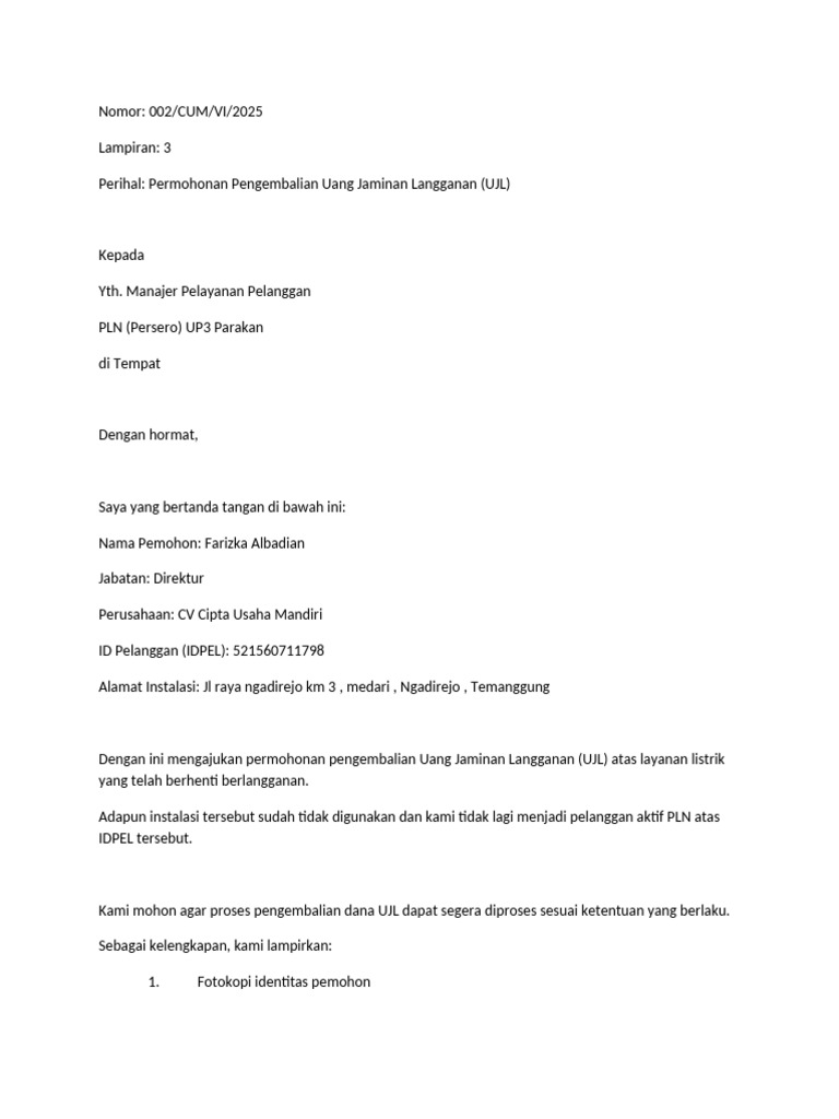 Permohonan Pengembalian UJL PLN 2025 | PDF