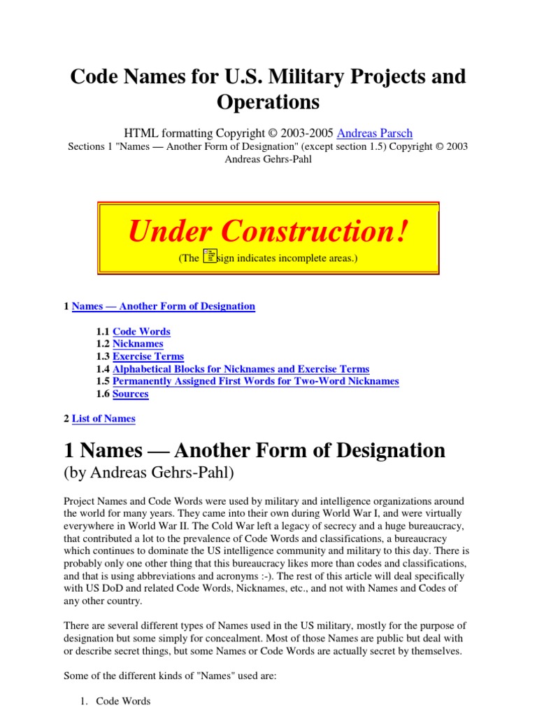 Code Names For U S Military Projects And Operations Classified Information United States Department Of Defense