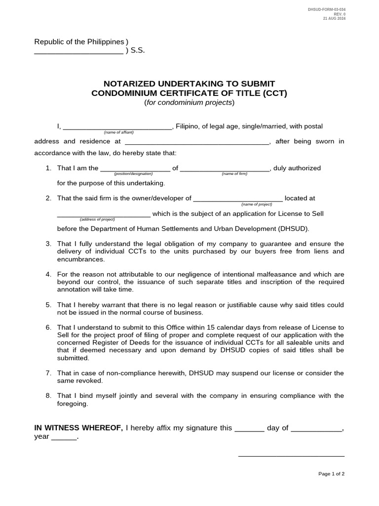 Notarized Undertaking for CCT Submission | PDF | Notary Public | Justice