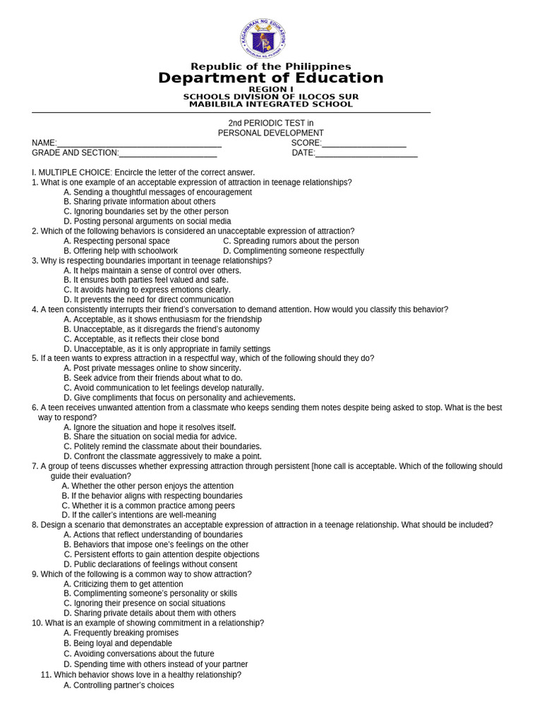 Personal Development Test: Teen Relationships | PDF | Leadership ...