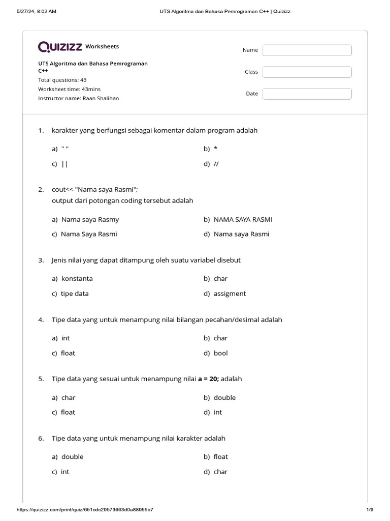 UTS C++: Soal Algoritma dan Pemrograman | PDF