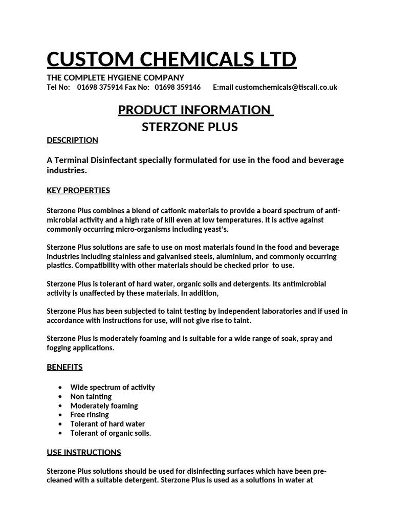 Sterzone Plus: Food Industry Disinfectant | PDF