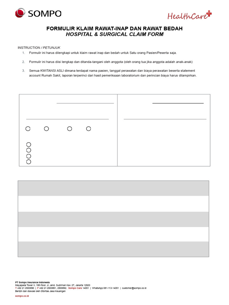 Formulir Klaim Rawat Inap Sompo | PDF