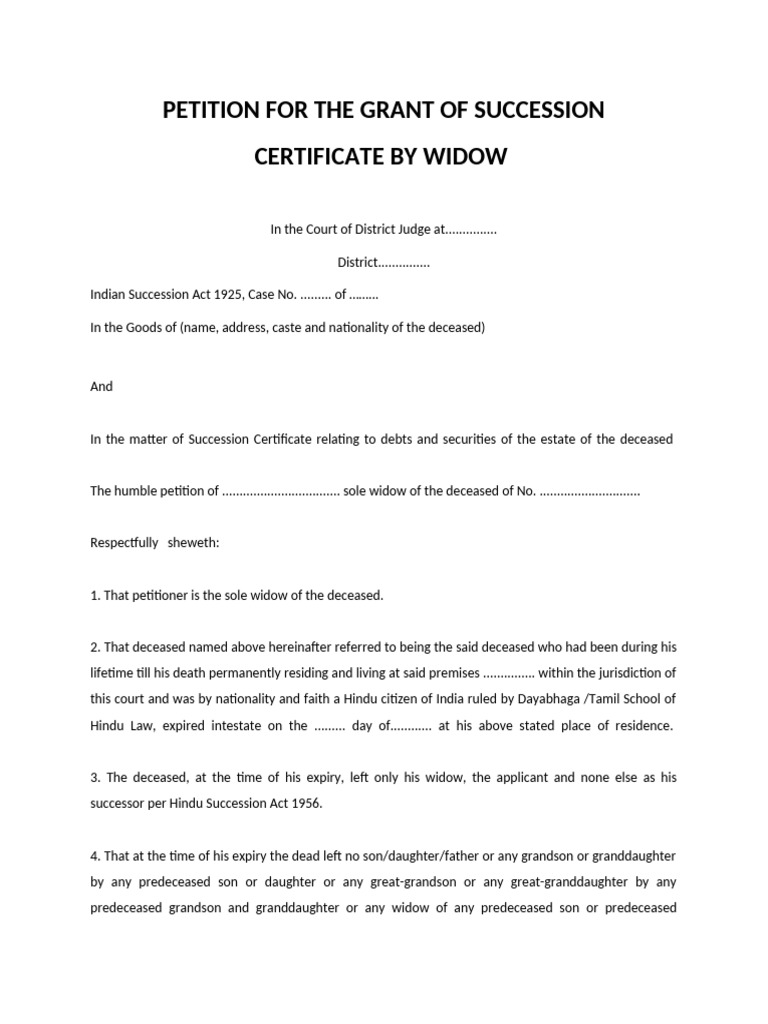 Widow's Petition for Succession Certificate | PDF | Private Law | Justice