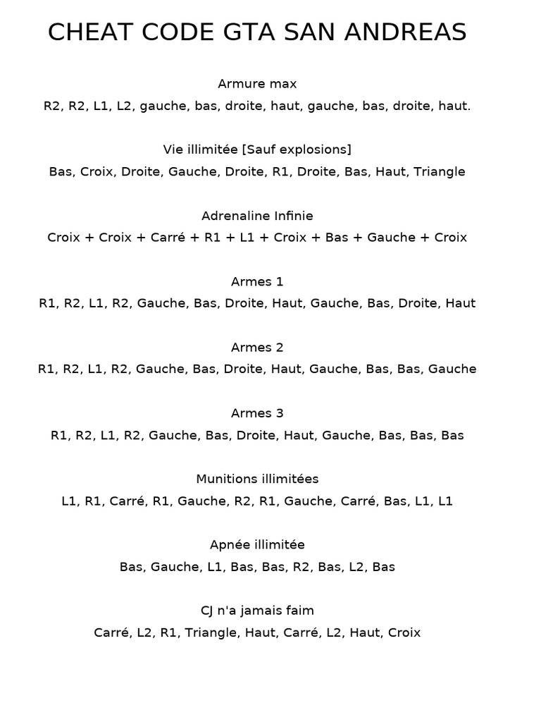 Codes de triche GTA San Andreas | PDF