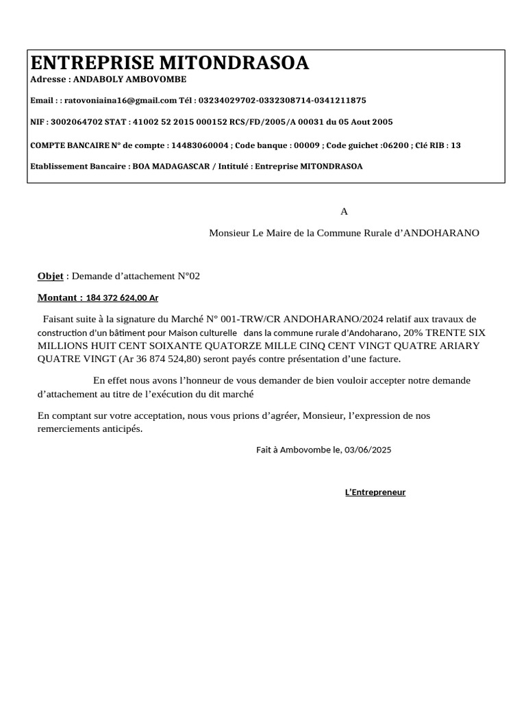 Demande de paiement - Entreprise Mitondrasoa | PDF | Bancaire ...