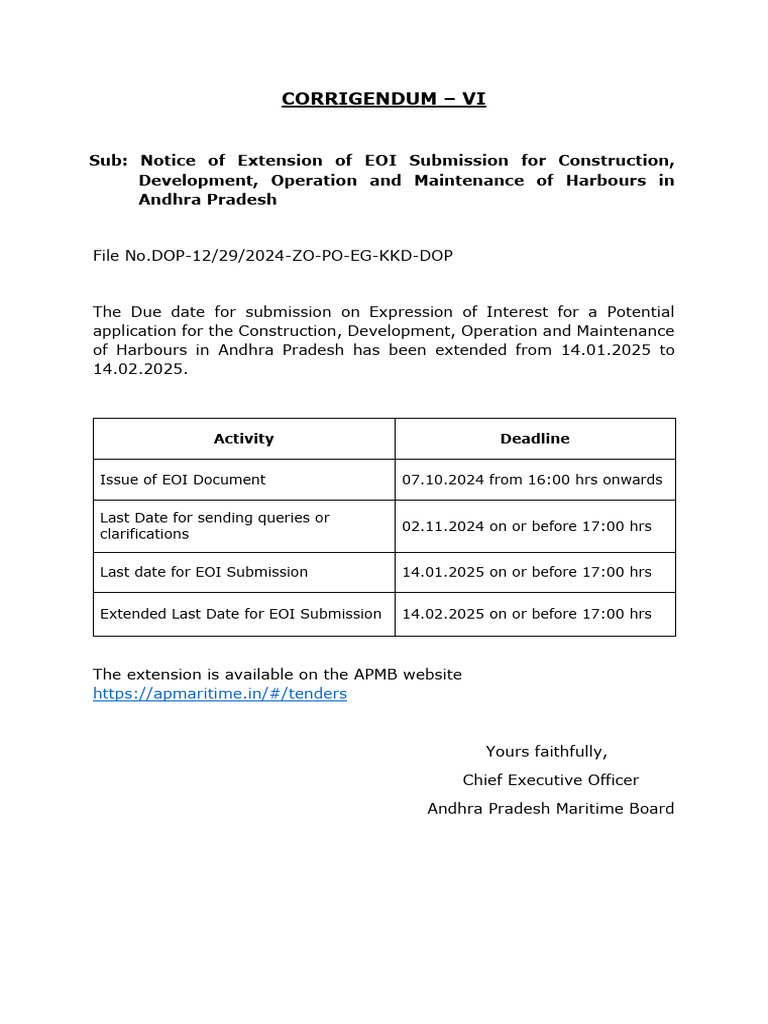CORRIGENDUM VI - EOI Submission Extention - Harbours | PDF
