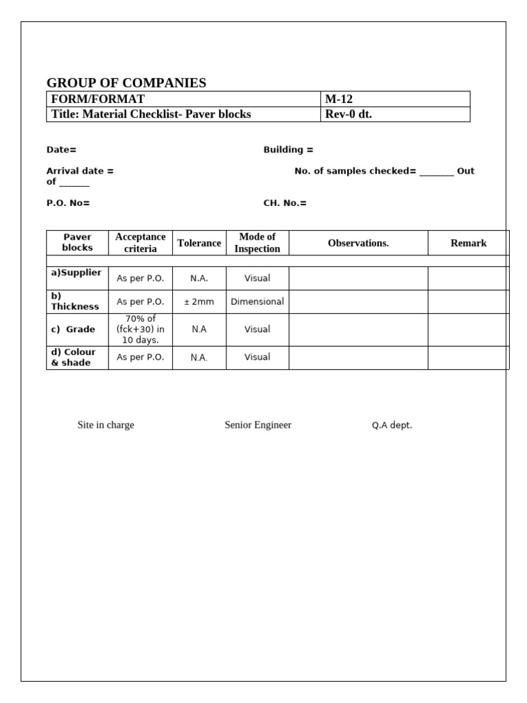 Paver Blocks Material Checklist | PDF