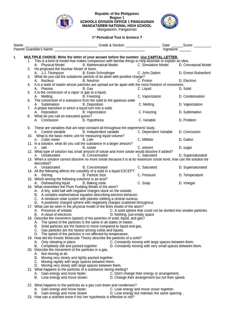 Quarter 1 Periodical Test Science 7 Sy 2024 2025 | PDF | Solubility ...