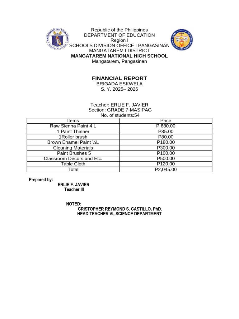 Financial Report Brigada S.Y. 25 26 - ERLIE F. JAVIER | PDF