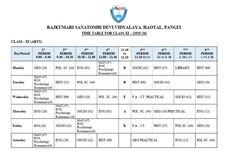 Class 11 Arts Time Table 2025-26 | PDF