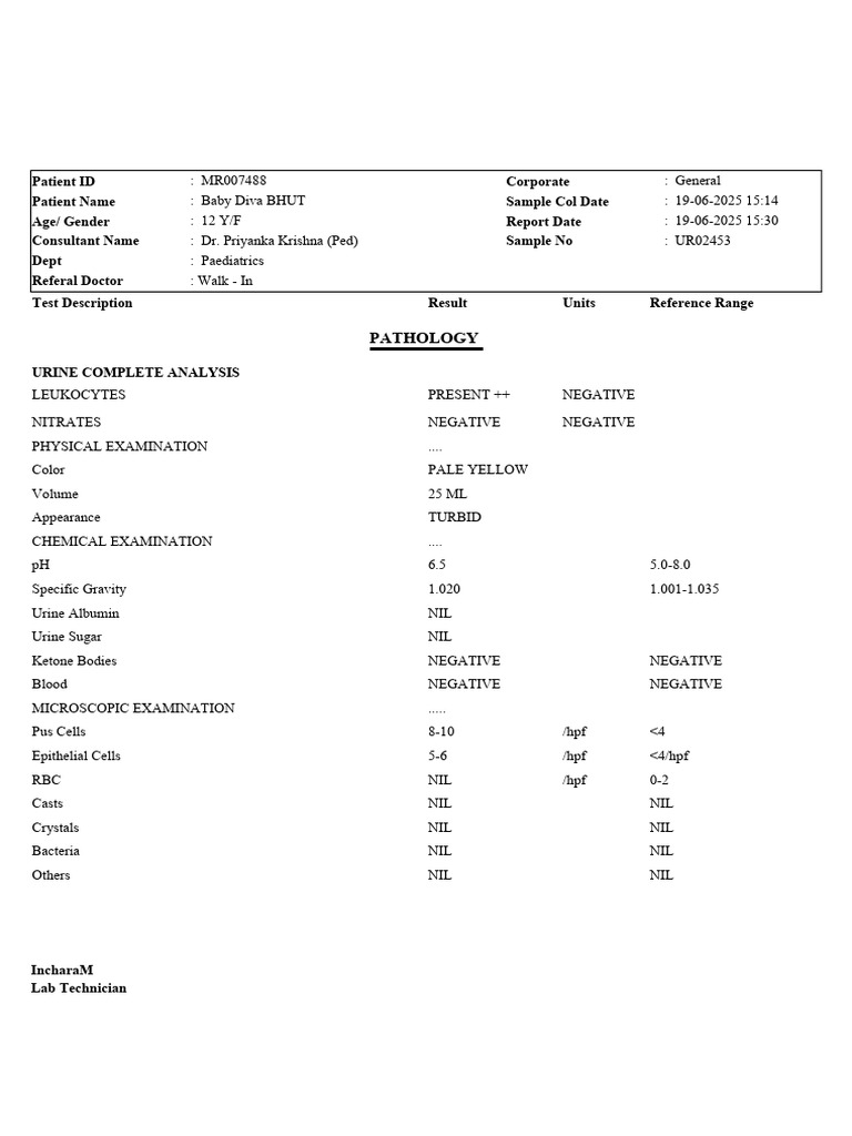 Pediatric Urine Analysis Report | PDF