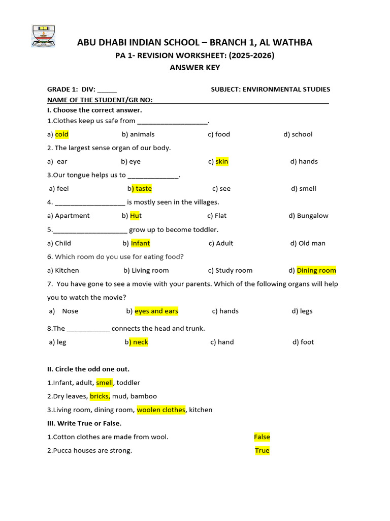 Answer Key-Gr 1 Pa1-Re WS - 250615 - 135246 | PDF