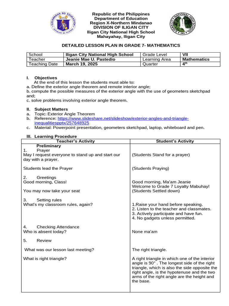 16th Lesson Plan Algebraic Expression | PDF | Triangle | Geometry