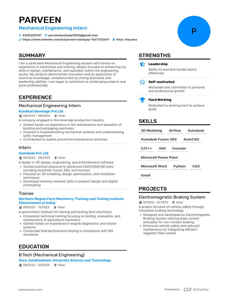 Mechanical Engineering Intern Profile | PDF | Engineering | Mechanical ...