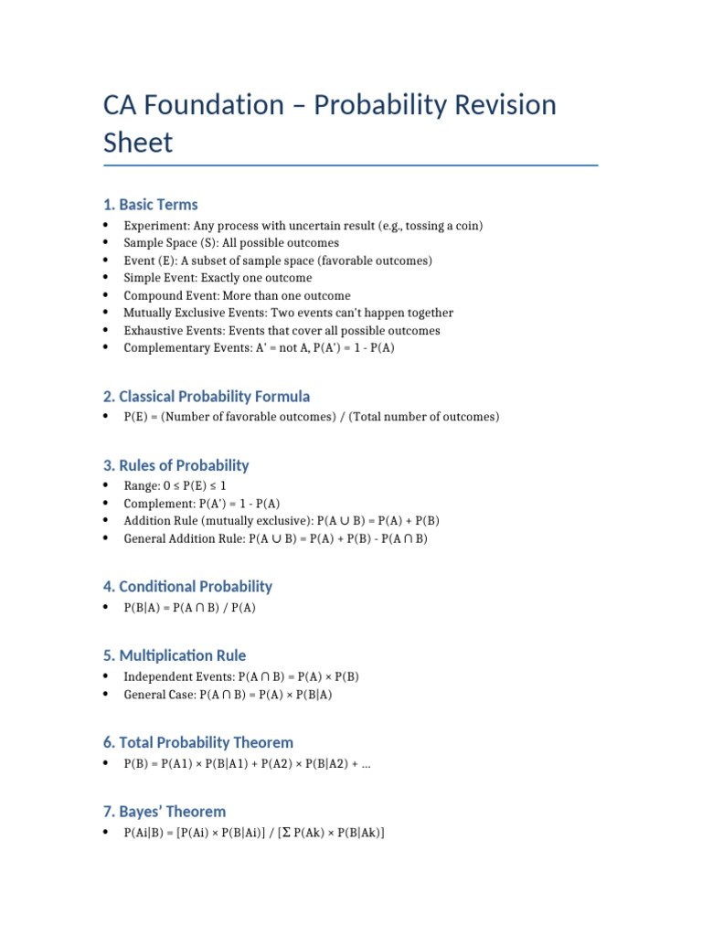 CA Foundation Probability Cheat Sheet | PDF