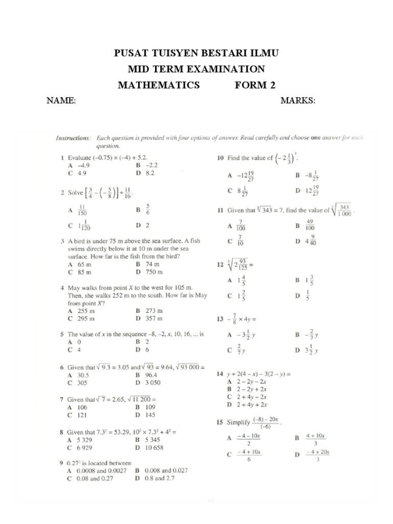 Form 2 Mathematics Mid-Term Exam | PDF