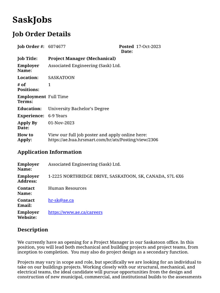SaskJobs - Ca - Printer-Friendly Detail For Job Order #6074677 | PDF