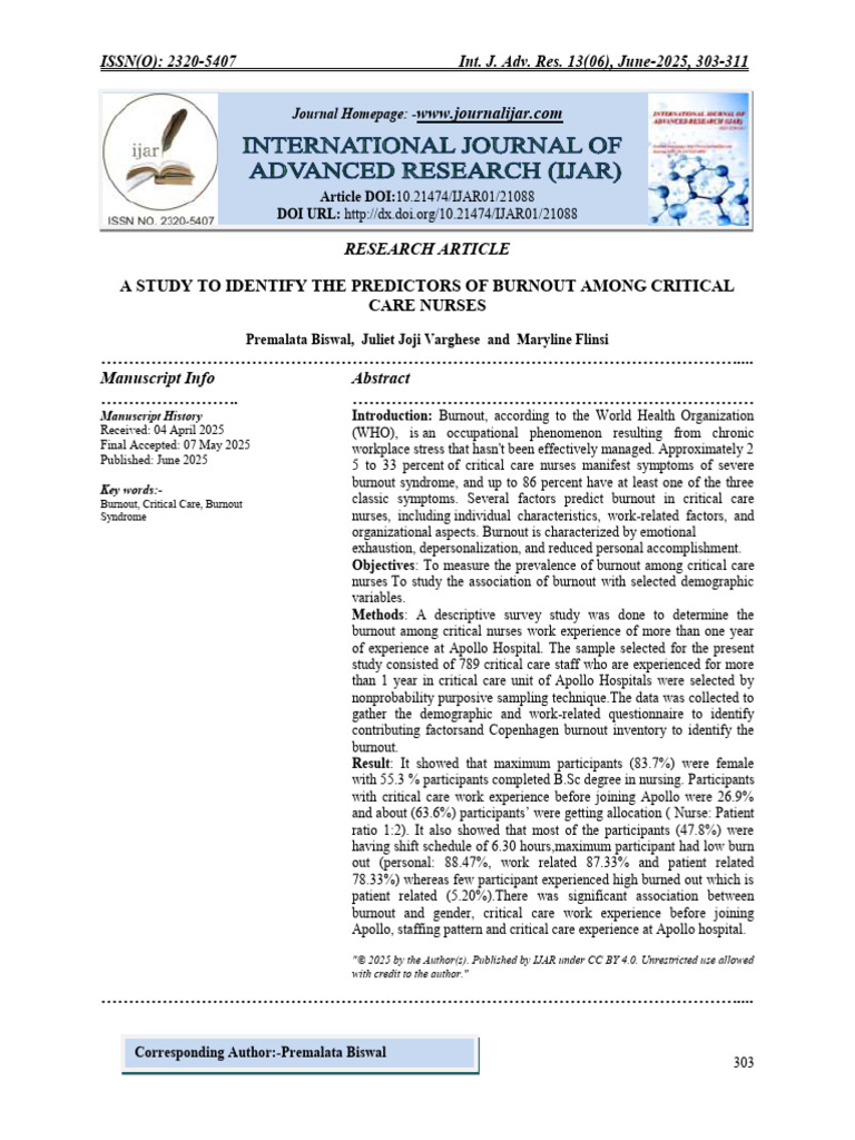 Predictors of Burnout in Critical Care Nurses | PDF | Occupational ...
