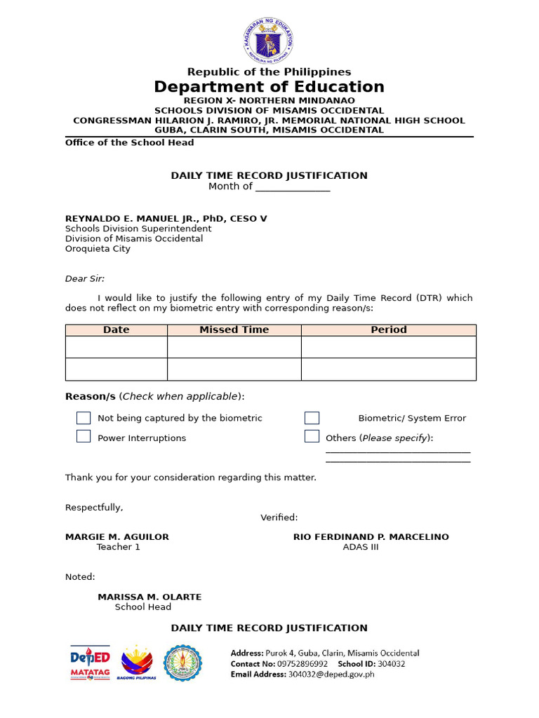 DTR Justification Letter Template | PDF | Philippines